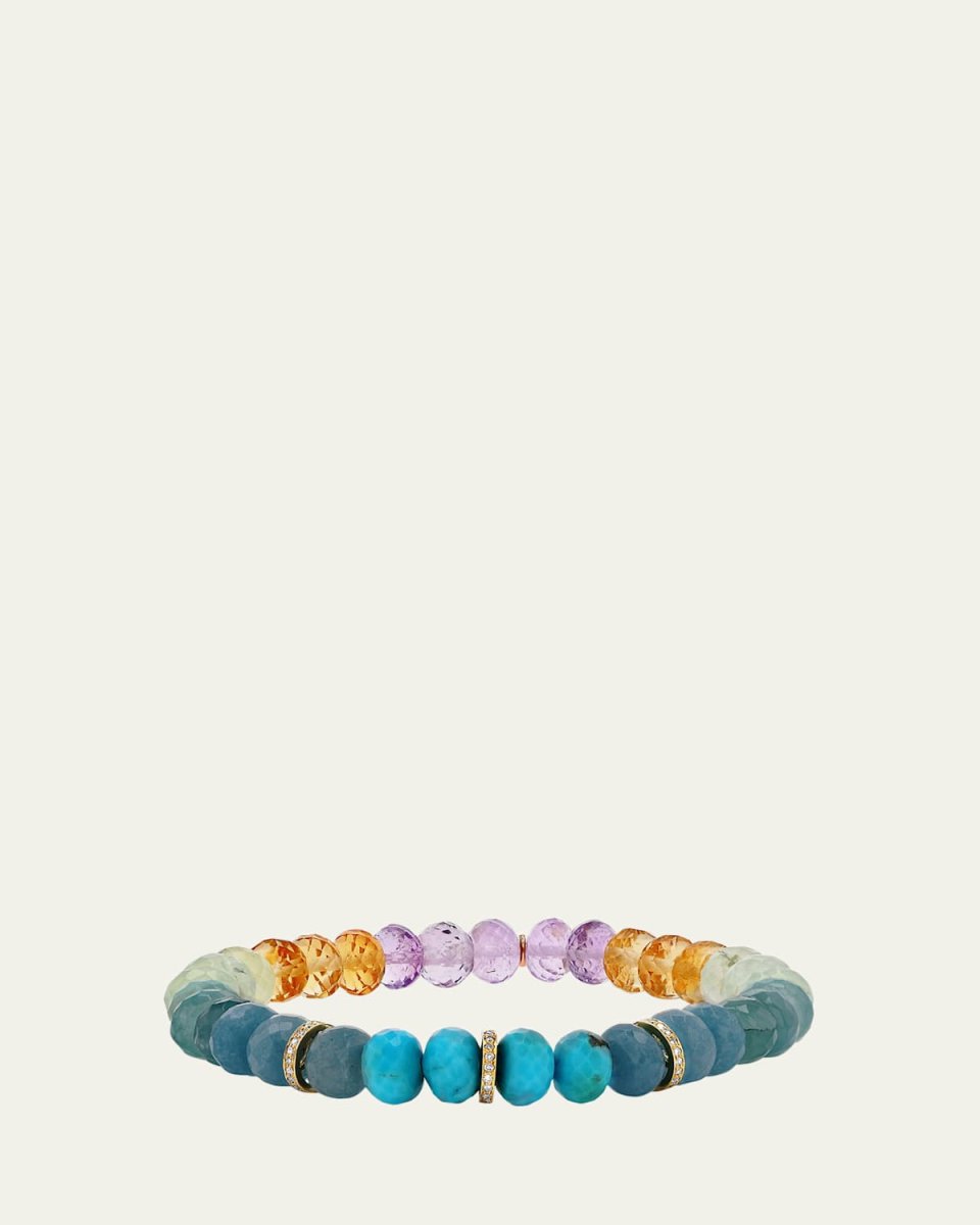 14K Rainbow Multi Stone 8mm Faceted Bracelet with 3 Pave Diamond Rondelles
